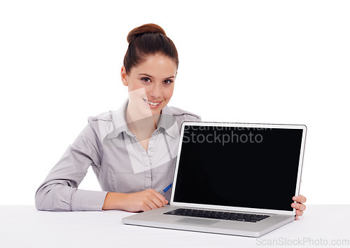 Image of Laptop screen, studio and happy portrait woman with business mockup for online, web or internet research. Professional, happiness and person with website presentation isolated on white background