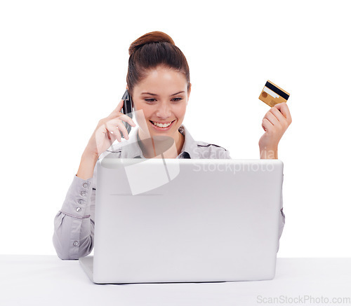 Image of Online shopping, credit card and a woman with a laptop and phone call isolated on white background. Happy, female corporate employee and reading email, buying product on the web and talking on mobile