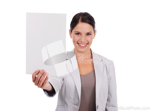 Image of Portrait, mockup and woman with a paper, deal and promotion isolated against white studio background. Face, female person or employee with a poster, decision or choice with brand logo or presentation