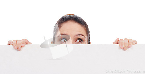Image of Eyes, mockup and poster with a woman in studio isolated on a white background holding blank space while thinking. Idea, peek and placard with a young female model advertising on an empty billboard