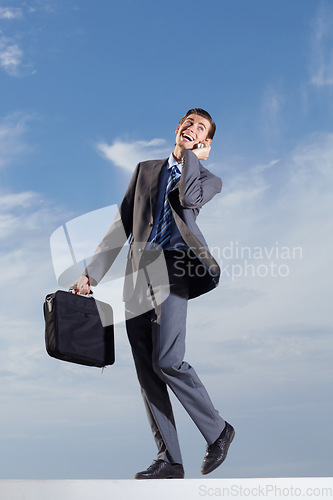 Image of Happy business man, phone call and sky with briefcase for mobile contact, communication and corporate connection. Male employee walking by clouds, talking on smartphone and mockup networking with bag