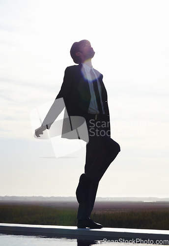 Image of Dance, sky and freedom of man in suit and silhouette whistle with energy, dancing and happiness in nature. Dancer, happy and male person in professional clothes on mockup background for performance