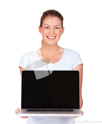 Image of Woman, blank laptop and studio portrait with smile, mockup space and promo by isolated by white background. Model girl, student and computer with happiness for education, research or studying on web