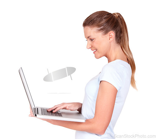 Image of Happy woman, laptop and online research standing isolated against a white studio background. Excited female with smile working on computer or technology for browsing, email or networking on mockup