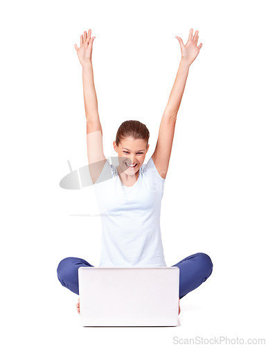 Image of Celebrate, winner and woman in a studio with laptop for online sports bet success or achievement. Happy, celebration and female person winning with a smile and computer isolated by a white background