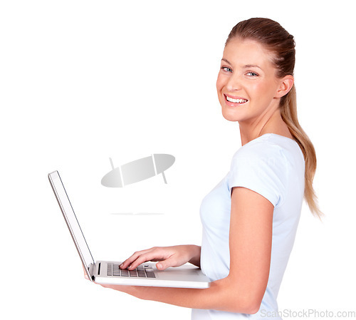 Image of Isolated woman, laptop and studio portrait with smile, typing and search on internet by white background. Model girl, student and computer with happiness for education, research or studying on web