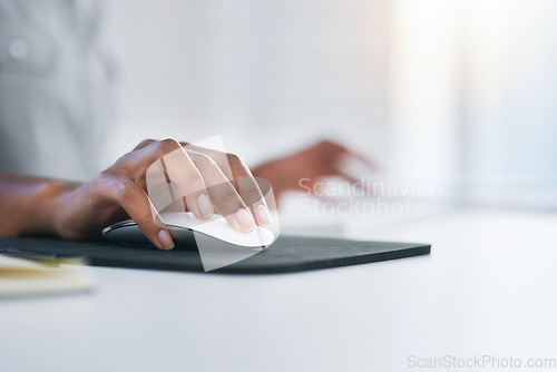 Image of Computer, mouse and hands of business woman in office working on proposal, online document and project. Corporate workplace, desk and closeup of worker with pc for typing email, internet and research