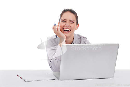 Image of Business woman, laugh and laptop by white background in studio portrait for meme, comic video or social media. Entrepreneur, funny and excited face for notification, news or joke with app on computer