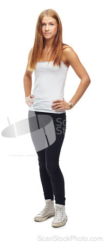 Image of Portrait, fashion and casual with a woman in studio isolated on a white background standing hands on hips. Teen style, confident and clothing with a young attractive girl model posing arms akimbo