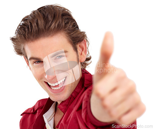 Image of Man with smile in portrait, thumbs up and hand gesture, emoji and positive vote isolated on white background. Happy young male, thank you and yes with positivity, support and like sign in studio