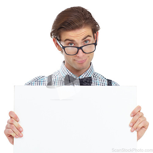 Image of Portrait, nerd and man with poster in studio for mockup isolated on a white background. Board, glasses and male person, geek or IT guy with copy space for advertising, marketing or promotion banner.