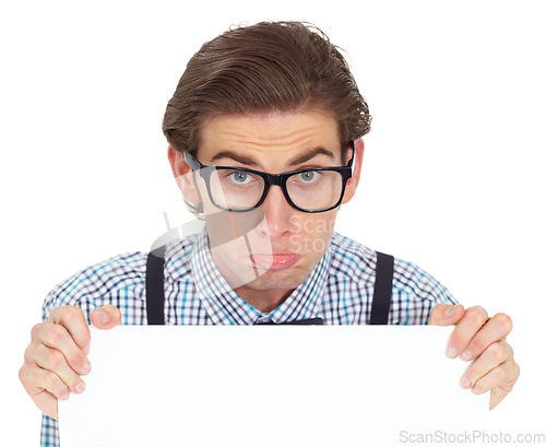 Image of Sad, portrait and man with poster for mockup in studio isolated on a white background. Board, depressed and male person, nerd or geek with copy space for advertising, marketing and promotion banner.