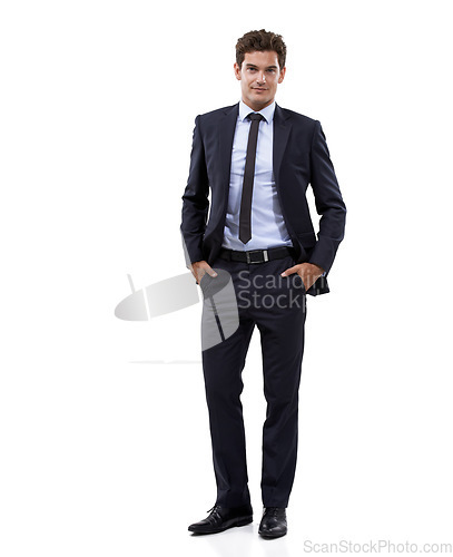 Image of Businessman, full length and professional portrait in studio or formal suit, corporate manager or confident boss with hands in pocket. Man, employee or entrepreneur on white background for mockup