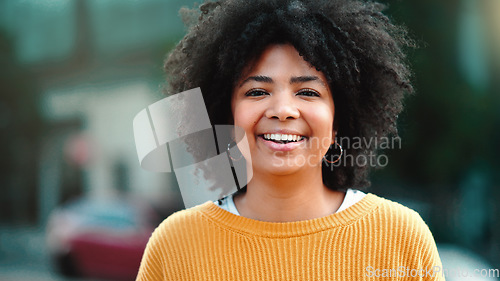 Image of Black woman laugh, business travel and portrait of a female worker outside in the city with lens flare. Urban, happiness and morning of a employee ready for work outdoor feeling freedom with a smile