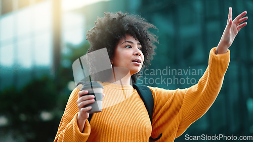 Image of Black woman, city and stop taxi with smile, sunshine and urban adventure on sidewalk in summer. Girl, outdoor and street in metro for transport, bus or ride service with happiness, holiday or travel