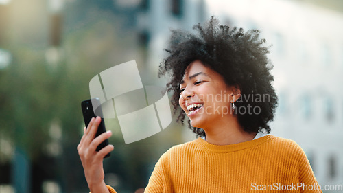 Image of Video call, phone and black woman in city talking online, travel update and 5g communication or funny chat. Laughing gen z person or student on cellphone, mobile and live streaming for urban outdoor