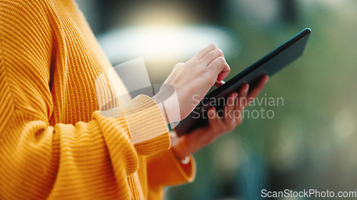 Image of Tablet, outdoor city and woman hands typing for application management, fast networking or business update news. Professional person or busy worker on digital technology for online feedback or email