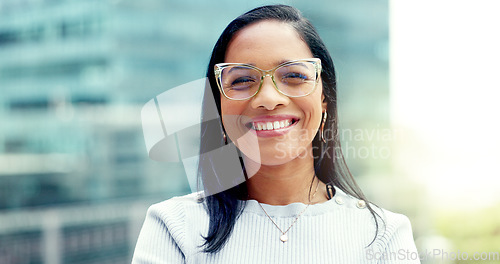 Image of Business woman, city and happy portrait outdoor with vision and pride for career choice. Face of entrepreneur person with urban buildings and motivation for goals for future as startup leader