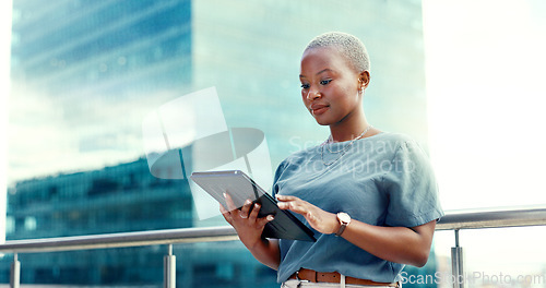 Image of Black woman, business and tablet portrait in city for online communication, networking or trading. Entrepreneur person with urban buildings and 5g network connection for writing email on mobile app