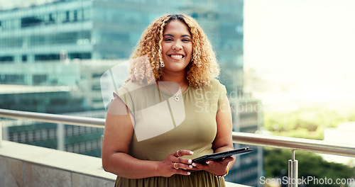 Image of Business woman, happy portrait and tablet while in city for online communication, networking or trading. Black person with urban buildings rooftop with 5g network connection for writing email online