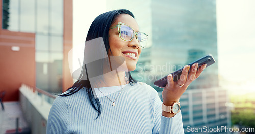 Image of Business woman, business phone call and time management in city outdoor for communication. Entrepreneur person with urban buildings and motivation for networking, schedule and success deal conversati