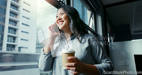 Image of Business woman, phone call and coffee in communication, talking or conversation by window in corporate city building. Female manager or leader in discussion for strategy on smartphone at the office