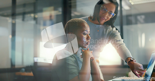 Image of Teamwork, communication or business women on laptop in meeting for analytics, planning or project management. Research, SEO coaching or collaboration on tech for collaboration, strategy or review