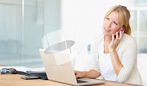 Image of Social networking, businesswoman and phone call with smartphone and laptop at her desk in work office. Technology or communication, entrepreneur and thinking female person planning business on tech