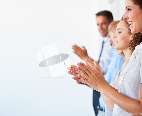 Image of Business people, applause and celebration for presentation, meeting or workshop on mockup. Happy group of employees clapping in convention for team coaching, audience or staff training at workplace