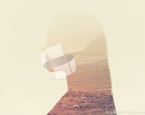 Image of Woman, mountains and double exposure in nature with silhouette, sky background and summer adventure. Girl, face and field overlay for freedom, holiday and countryside with vision for sustainability