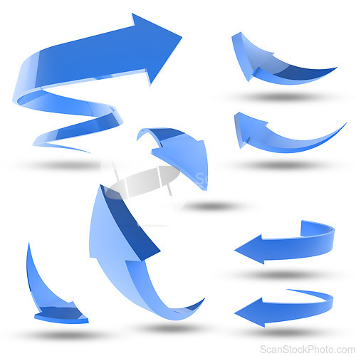 Image of Arrows, direction and white background with blue icon for target with design. Graphic, pointer and symbol for illustration in technology for online with information to review network or data.