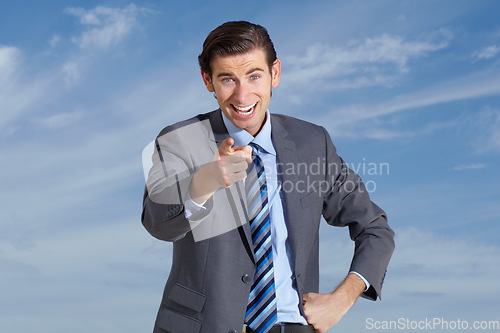 Image of Portrait, happy business man and pointing finger to you on cloudy blue sky for vote, winner and offer. Face of corporate employee, smile and gesture forward for hand direction, emoji and decision