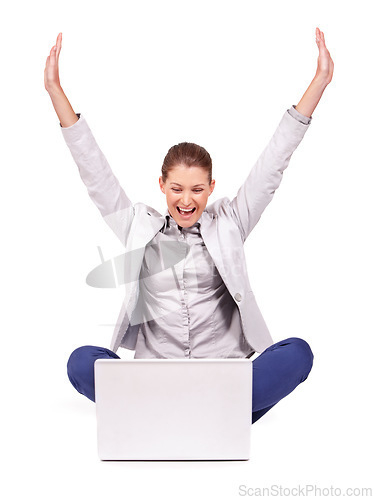 Image of Celebration, winning and businesswoman in a studio with laptop for online sports bet success. Happy, celebrate and professional female person with a smile and computer isolated by a white background.