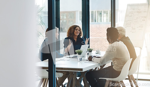 Image of Planning, teamwork and meeting with business people in boardroom for strategy, brainstorming and solution. Corporate, collaboration and conference with employees in office for negotiation development