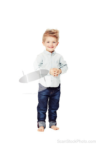 Image of Happy, fashion and portrait of a child in jeans isolated on a white background in a studio. Smile, cute and a young boy kid with happiness for stylish and fashionable clothes as a toddler model