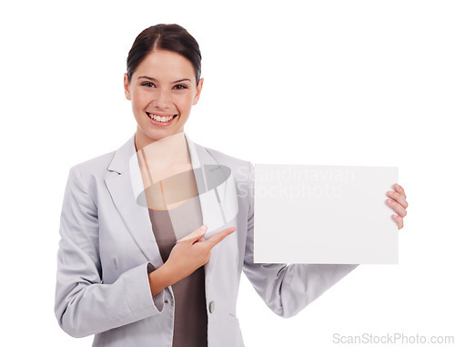 Image of Portrait, mockup and woman with a poster, pointing and lady isolated against a white studio background. Face, female person and model with paper, promotion and decision with employee and opportunity