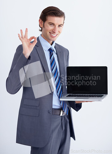 Image of Perfect, hand and laptop mockup by man portrait in studio with space for advertising on white background. Face, yes and happy business person with ok emoji, vote or positive feedback or online review