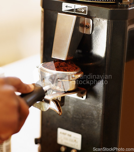 Image of Hand, coffee grounds and woman barista prepare latte or expresso. Closeup, person working in a restaurant with brewing process and female waiter making a hot drink in a kitchen or cafeteria.