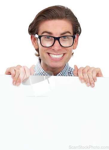 Image of Portrait, happy and man with poster for mockup in studio isolated on a white background. Board, glasses and funny male person, geek or nerd with copy space for advertising, marketing or promotion.