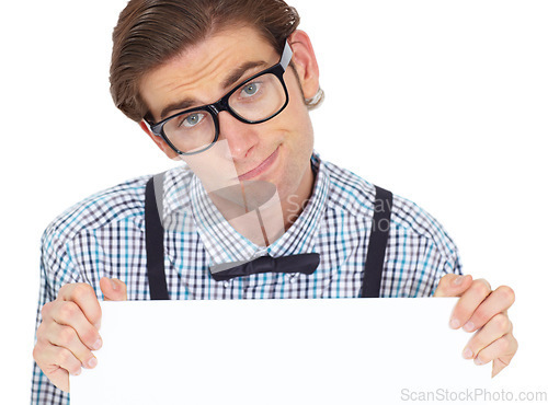 Image of Portrait, sad and man with board for mockup in studio isolated on a white background. Poster, depressed and male person, nerd or geek with copy space banner for advertising, marketing and promotion.