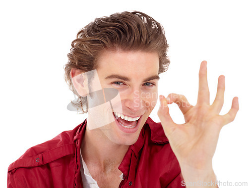 Image of Man with smile in portrait, OK hand gesture with emoji and positive vote with success isolated on white background. Happy young male, thank you and yes with support and agreement sign in studio