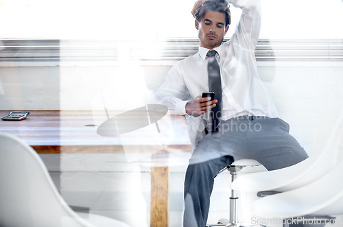 Image of Business man, texting and office with double exposure, think or stress for financial article on phone. Businessman, frustrated or search for news, information or networking with connectivity overlay