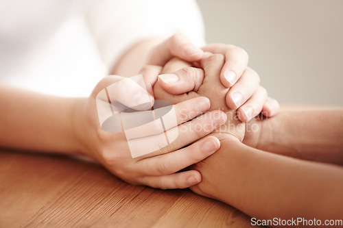 Image of Holding hands, life coach and people with care and community, showing empathy and love with kindness. Comfort, hope and a person giving helping hand for mental health, trust and forgiveness together