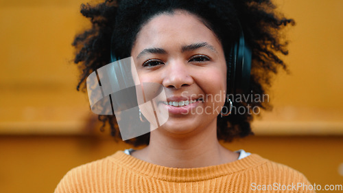 Image of Black woman, portrait or music headphones on isolated yellow background, fashion mockup or wall mock up. Smile, happy or laughing student listening to radio, audio and podcast in trendy or cool cloth