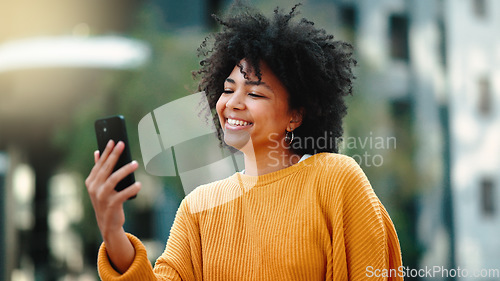 Image of Travel, selfie and black woman in a city, happy and smile on vacation against urban background. Blog, social media and girl influencer live streaming trip in New York for online, followers or network