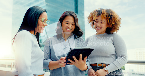 Image of Tablet, balcony teamwork or diversity women review social network, customer experience or girl business ecommerce. Brand monitoring data, talking or media team collaboration on online survey feedback