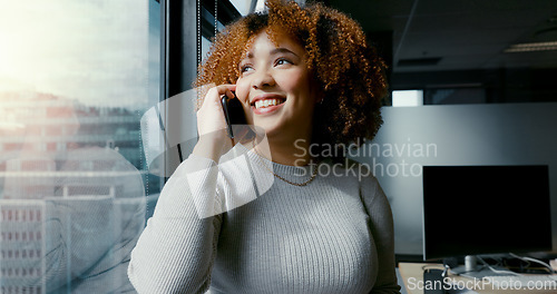 Image of Phone call, business woman and office window for conversation with city view while happy and talking. Entrepreneur person on with smartphone for networking, communication or deal proposal with smile