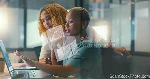 Image of Office glass window, laptop and team communication on social network feedback, customer experience or ecommerce. Brand monitoring data, collaboration teamwork and black women review online survey