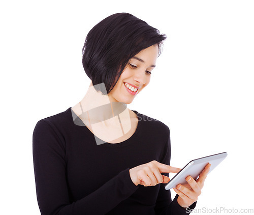 Image of Happy, tablet and woman update social media using internet or online isolated in a studio white background with a smile. Excited, connection and female person typing email or search a website or web