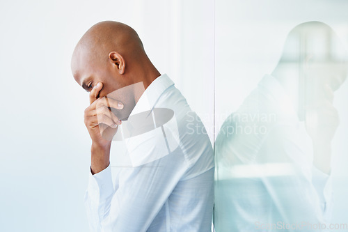 Image of Business stress, depression and black man in office, disappointed or unhappy on mockup. Sad, depressed and male professional with fatigue, tired or burnout, anxiety and mental health in workplace.